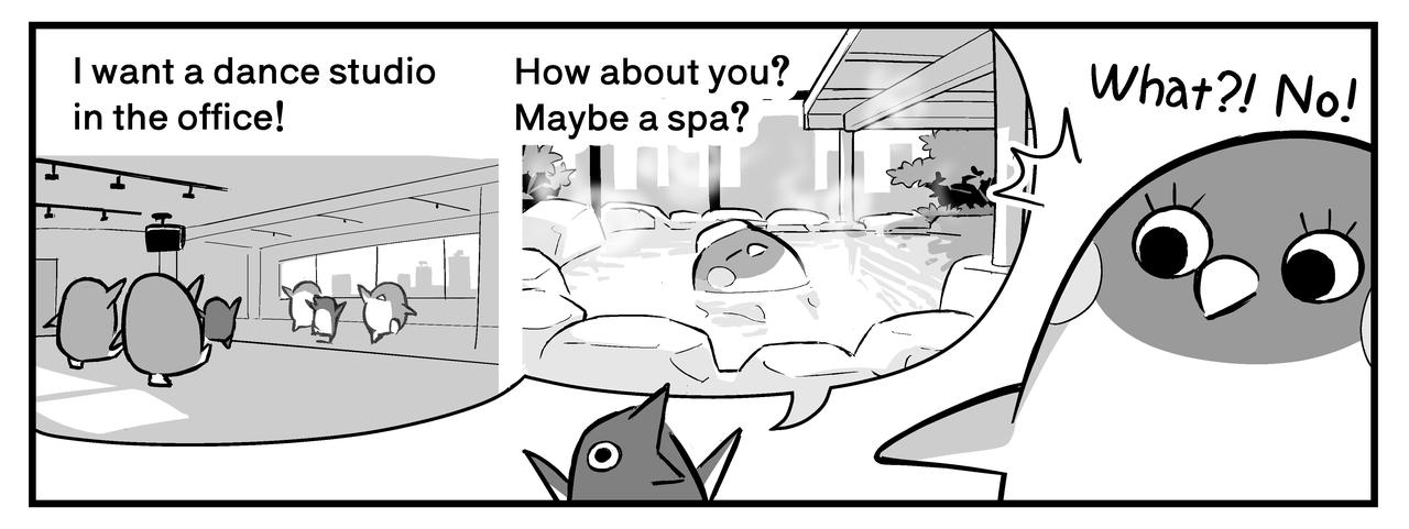 Adele wants a dance studio in the office and suggests if Emma wants a spa, but Emma says no.