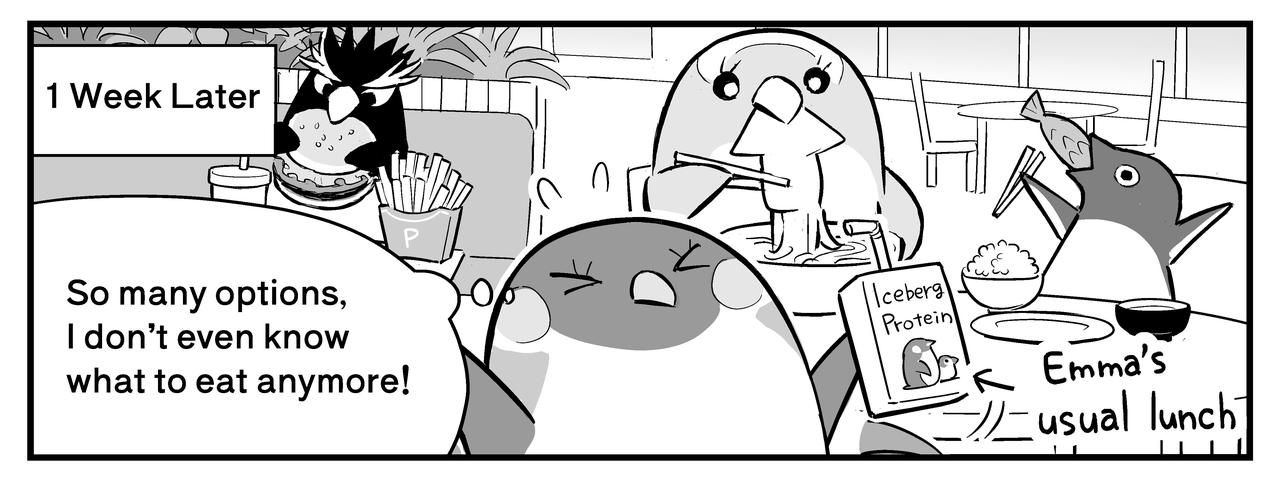 A week later, Emma is not even sure of what to eat for lunch.