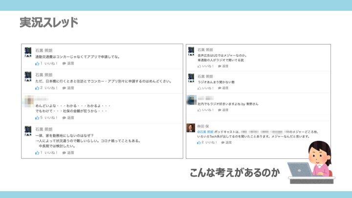 実況スレッドという取り組みの例のスクリーンショット。会議の現在の様子やそれに対する感想などがリアルタイムで掲示板に書き込まれていることがわかる